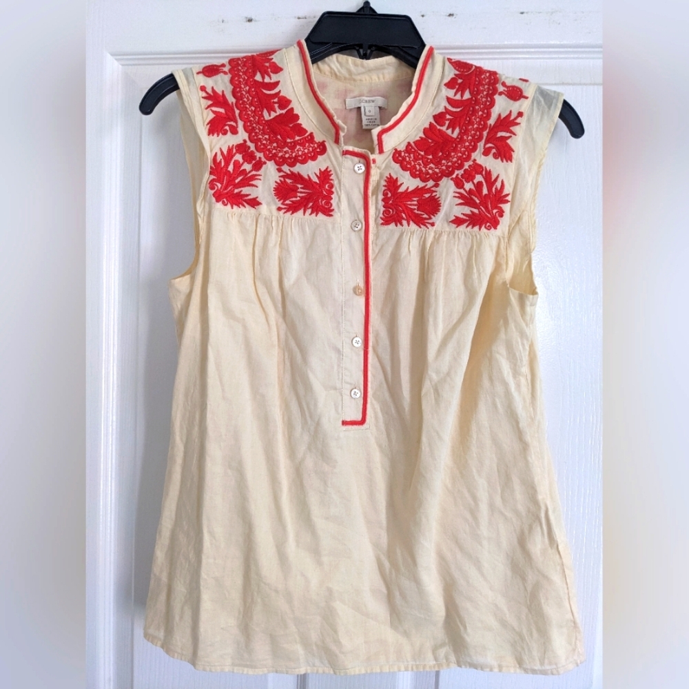 J. Crew Cream Blouse with Red Embroidery
